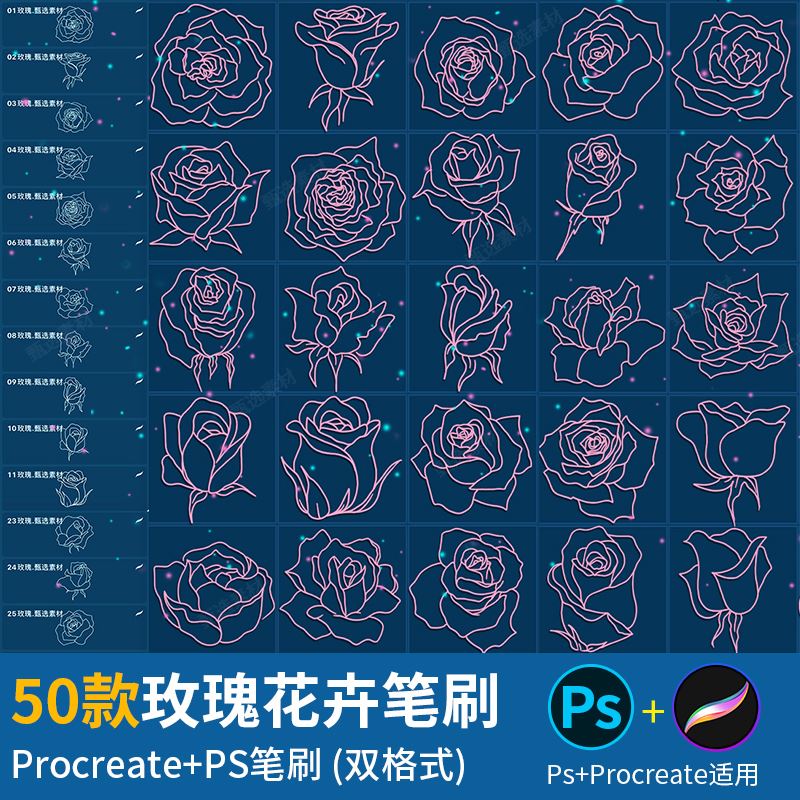 ps笔刷procreate笔刷玫瑰花朵花卉植物类手绘线稿插画练习素材图