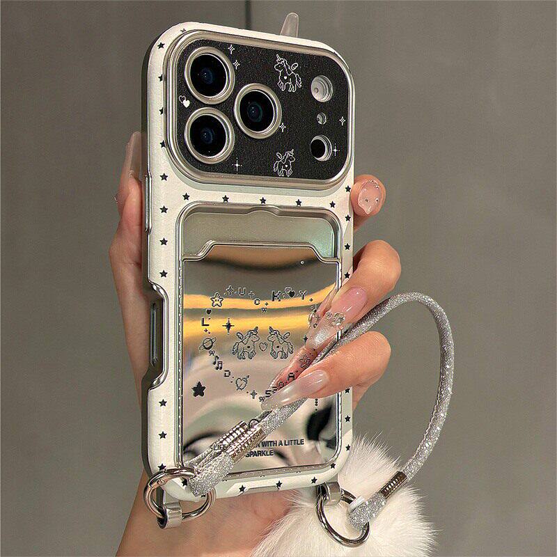 卡通可爱星星爱心骏马卡包插卡适用苹果17promax手机壳iPhone17pro皮纹壳16pro手拎挂绳15女新款14防摔保护套