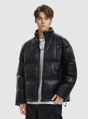 BTW羽绒服男款冬季白鸭绒PU皮面包服美式潮牌防寒加厚保暖外套