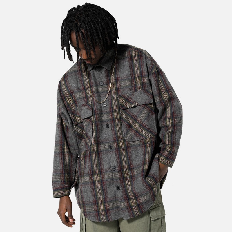 BTW欧美嘻哈外套长袖男街头复古西海岸宽松圆弧加厚毛呢格子衬衫