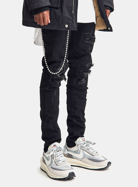 BTW黑色牛仔裤男欧美嘻哈修身潮流裤子破洞补丁拼接机车高街长裤