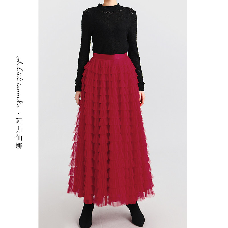阿力仙娜5米摆围红色气质大摆高腰蕾丝网纱蛋糕半身裙 拖地长裙子
