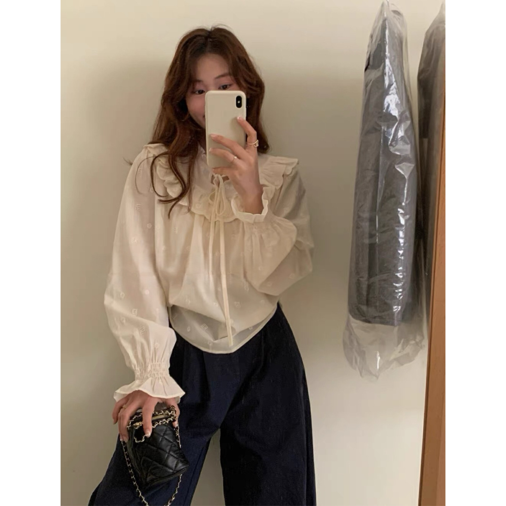 SooPri 荷叶边娃娃领衬衫女2025秋季花边拼接喇叭袖宽松法式上衣