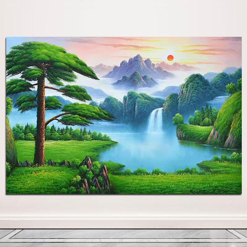 山水画聚宝盆青山绿水风景画迎客松招财客厅墙装饰挂画靠山图贴画