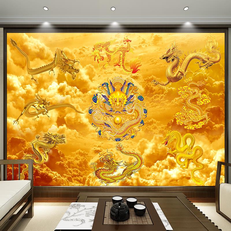九龙图挂画金龙镇宅聚财九条龙招财风水画旺宅佛堂背景墙纸装饰画图片