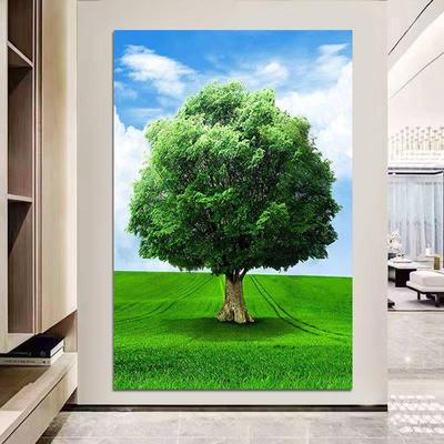 一棵大树风景画蓝天白云绿色树木护眼壁画自然风光装饰画书房自粘