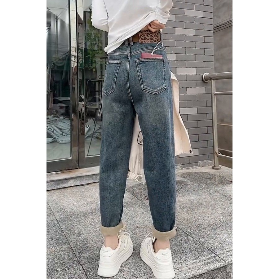 梨形身材秋冬加绒牛仔裤女大码宽松时尚老爹裤胖显瘦遮肉哈伦裤