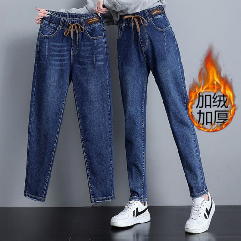加绒加厚哈伦牛仔裤女2025年冬季新款松紧高腰宽松显瘦大码老爹裤