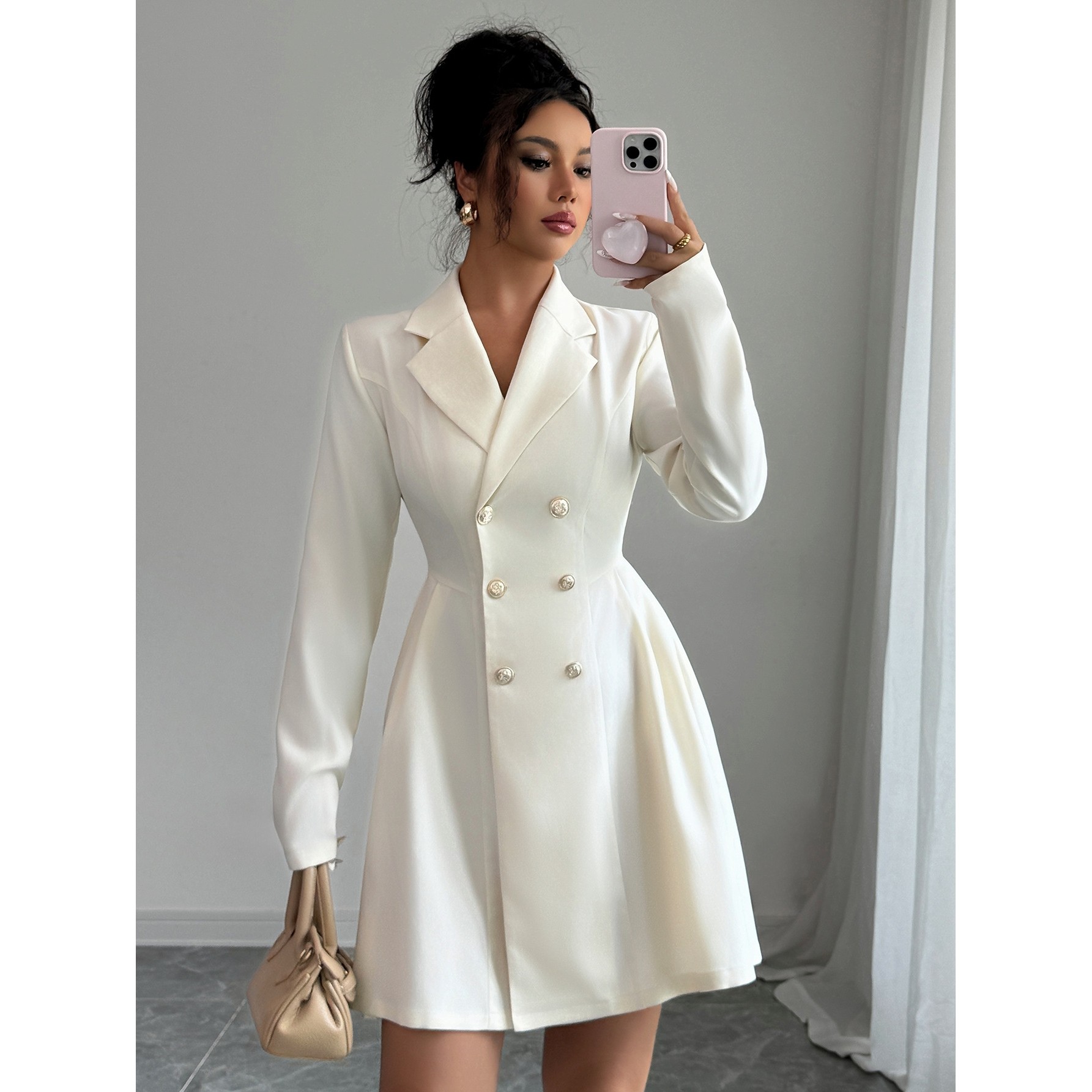 跨境欧美优雅气质风纽扣长袖短款连衣裙女装2025秋冬亚马逊独立站