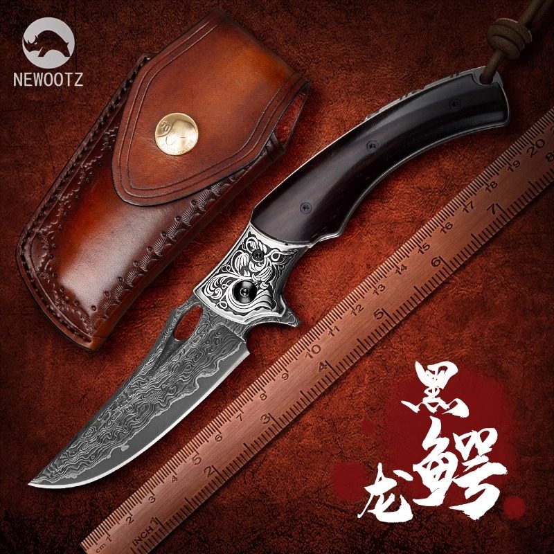 简师傅作黑鳄龙VG10大马士革钢折叠刀户外求生野营防身折刀战术刀