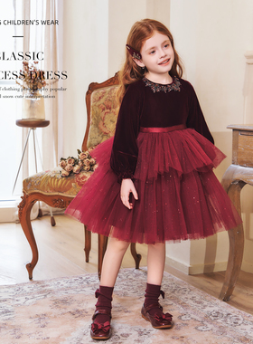 新年红色女童丝绒连衣裙儿童裙子加绒冬季童装小宝宝公主裙秋冬