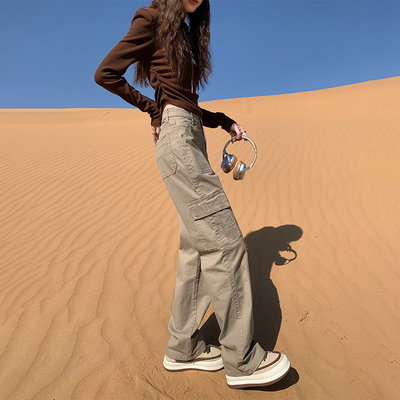 卡其色美式工装裤女款高腰显瘦直筒裤子女夏季窄版阔腿休闲 裤子