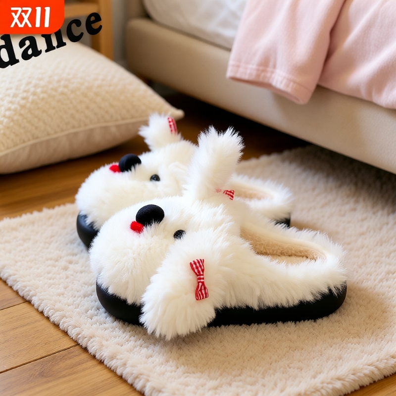 耳朵狗狗棉拖鞋女秋冬毛毛绒情侣