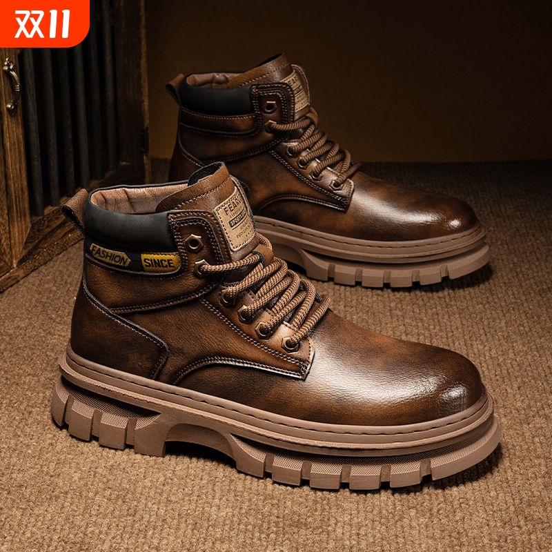 复古工装靴秋冬季大码马丁靴男高帮潮流大黄靴百搭英伦风机车男鞋
