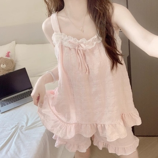 吊带短裤 带胸垫睡衣女夏季 新款 云朵棉少女粉甜美可外穿家居服套装