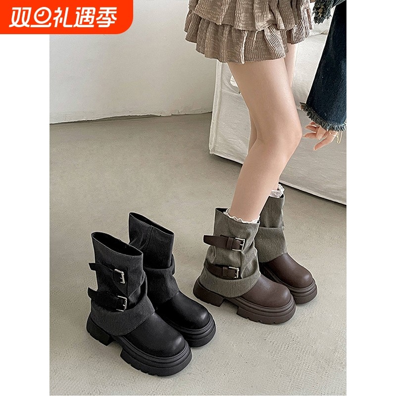 黑色复古英伦厚底粗跟马丁靴女款2025新款秋冬加绒增高裤管短靴子