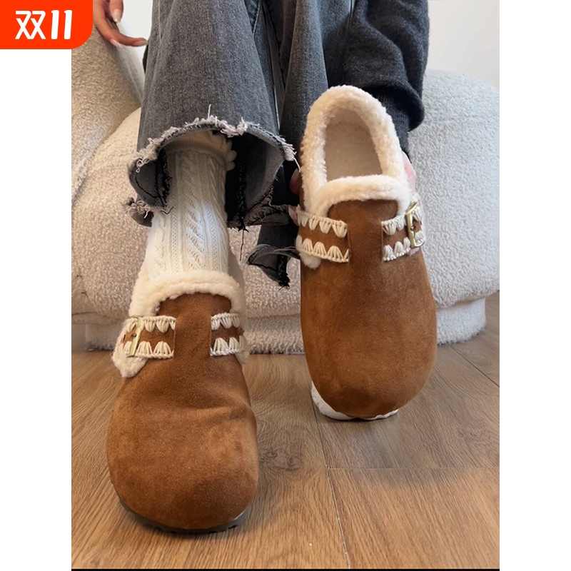 平底加绒棉鞋冬季棕色
