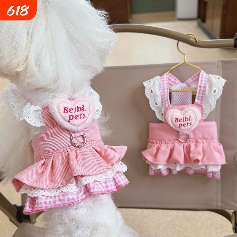 宠物猫咪狗狗衣服薄款牛仔牵引裙公主幼犬泰迪博美比熊春夏装粉色