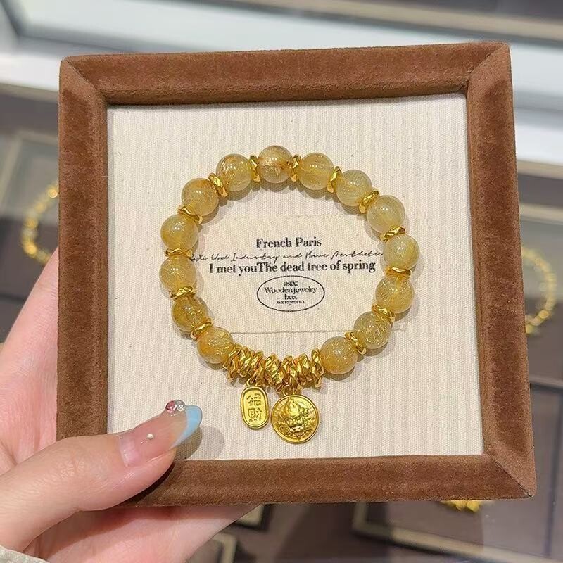 小红书爆款招财纳福黄财神金发晶手链新中式盘缠水晶手串