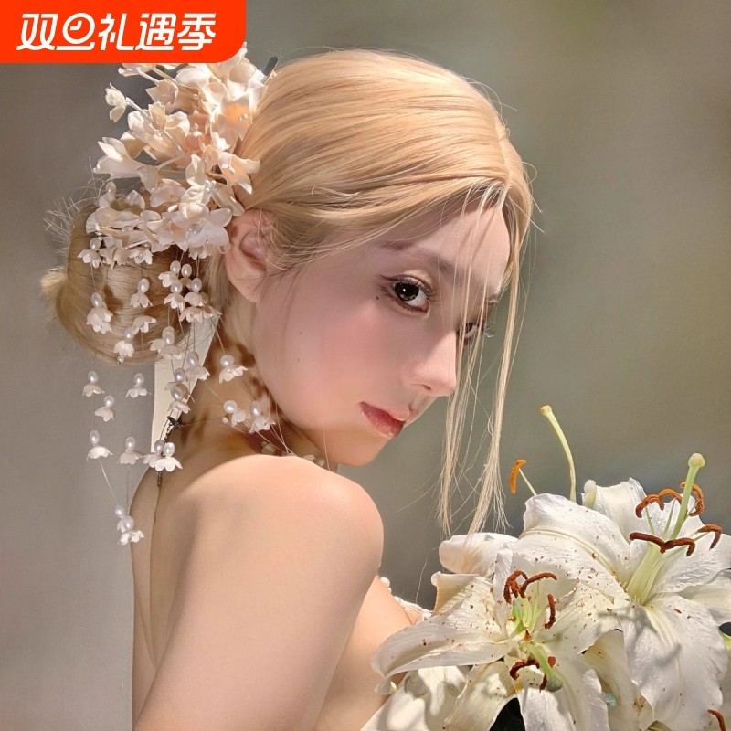 铃兰花朵流苏发夹复古新款新中式花朵紫色发饰品古风旗袍头花配饰