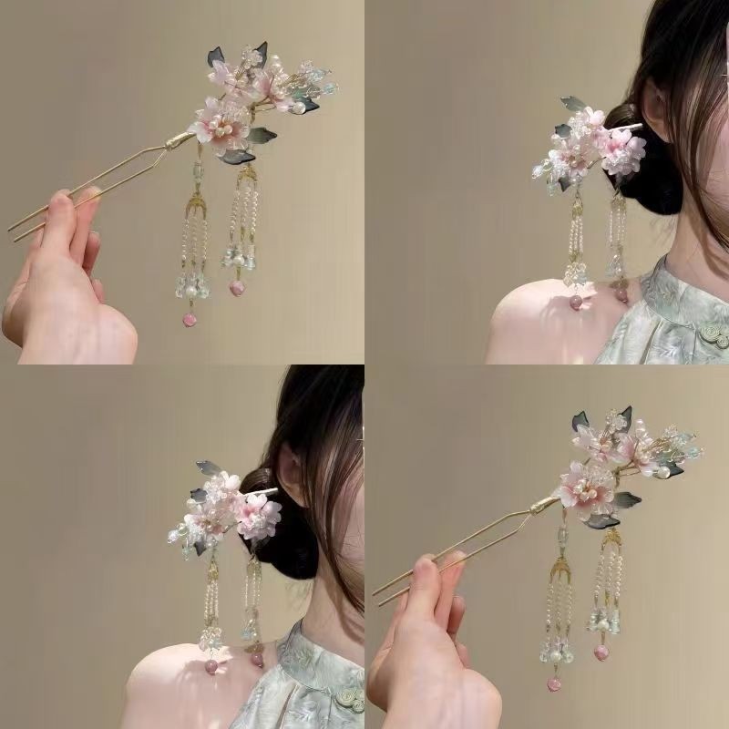 公主风~新中式簪花绢花花朵发钗流苏发簪头饰汉服头饰品旅行发卡