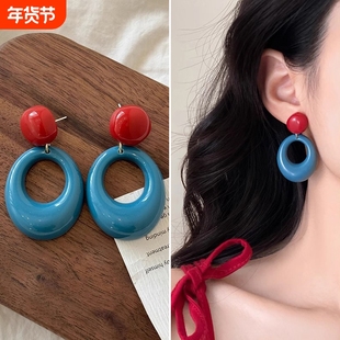 多巴胺港风度假风耳环女海边蓝色耳钉小众复古夸张耳夹耳饰撞色
