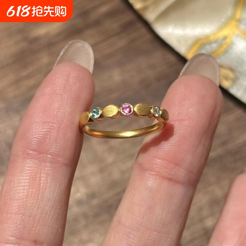 法式多巴胺春日彩虹软糖戒指金色拉丝彩钻复古宫廷风指环开口调节