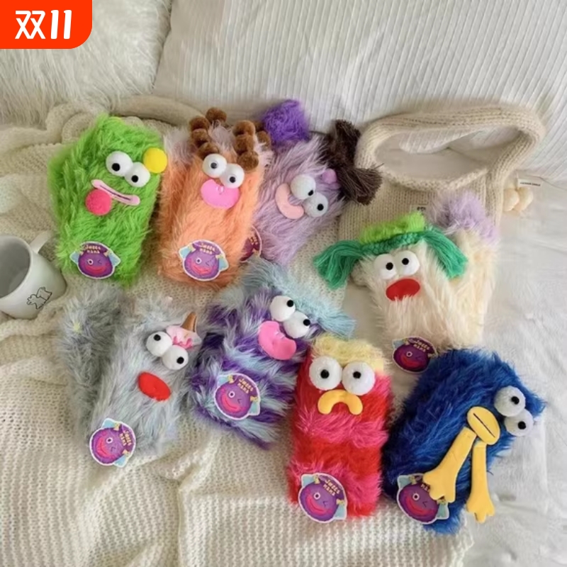 搞怪丑萌袜子女秋冬毛绒可爱怪兽袜珊瑚绒加厚居家睡眠毛毛地板袜