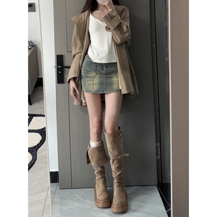 厚底长筒靴女2025新款秋冬季绒面长靴女款显瘦高筒靴子棕色卡其色