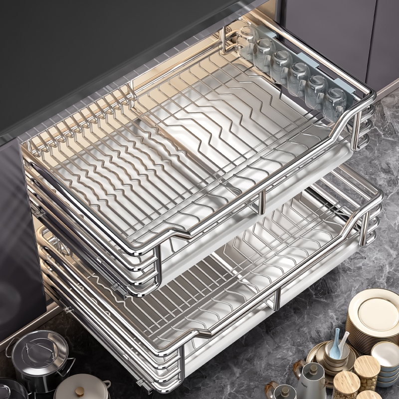 百悍拉篮厨房橱柜碗篮304不锈钢双层抽屉式调料篮收纳篮内置碗架