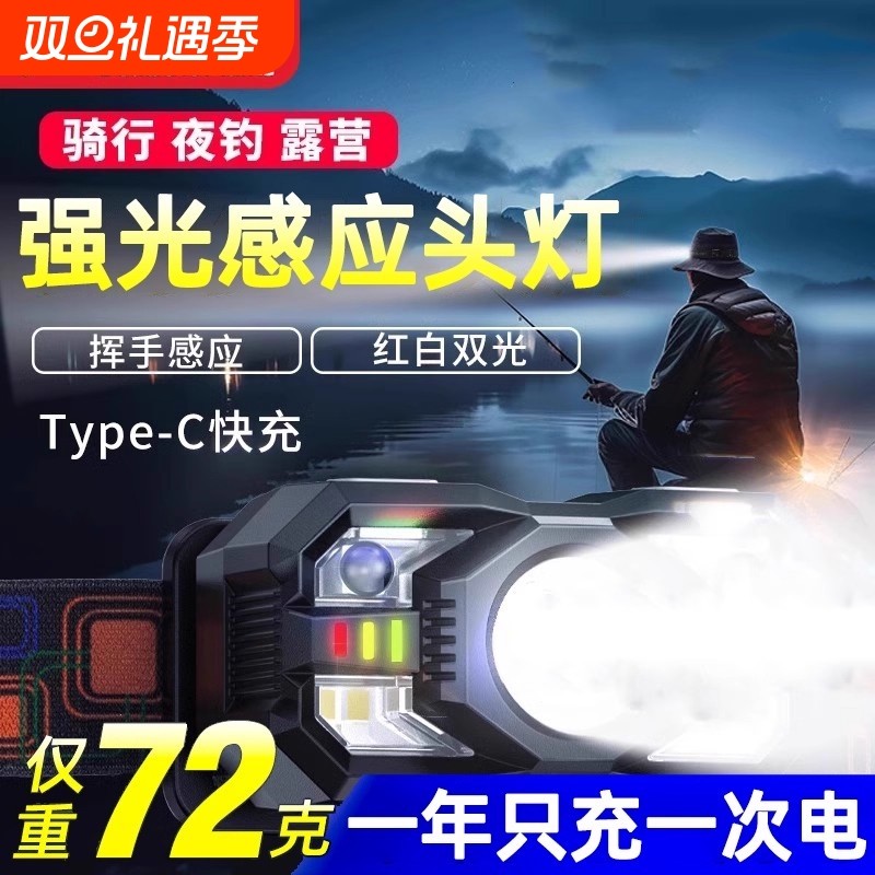 德国夜钓鱼专用头灯2025新款强光感应户外超长续航100小时头戴