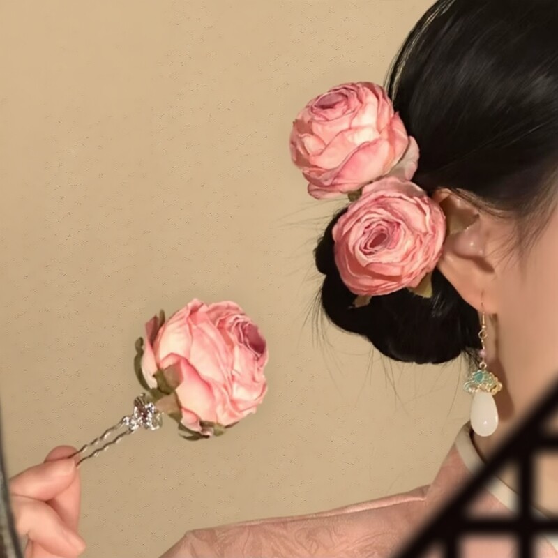 干枯玫瑰2026新款粉色玫瑰花朵簪花发簪发钗海边头饰女新中式发型