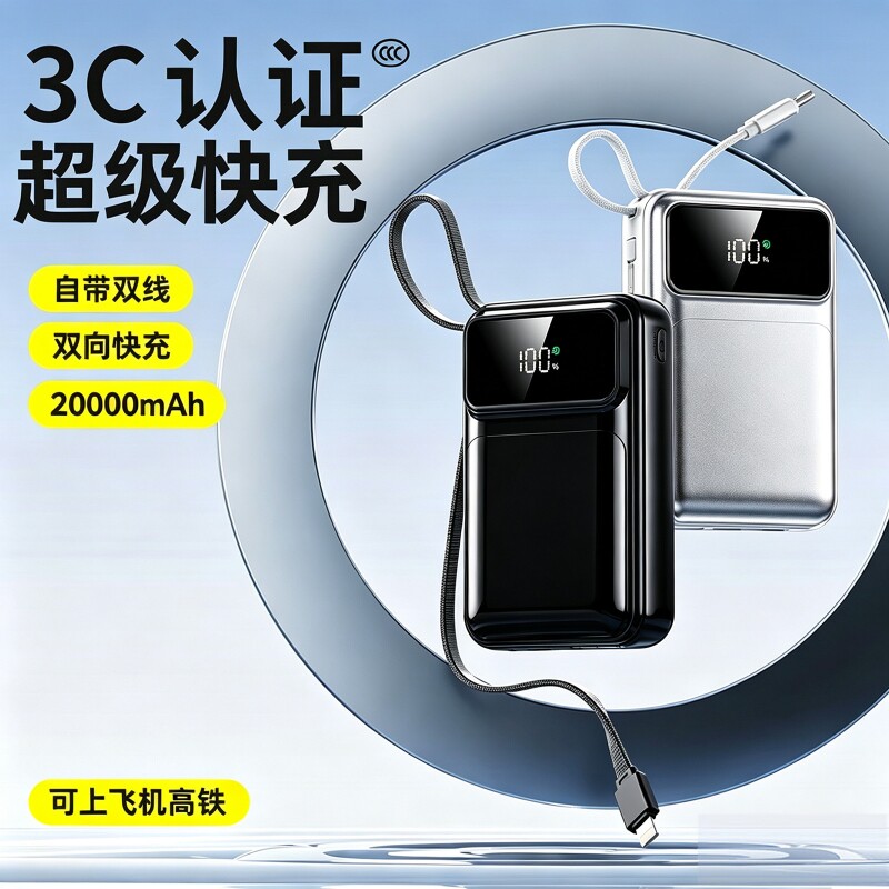 【3C认证充电宝可上飞机】新款超级快充小巧大容量20000毫安便携式自带双线正品旗舰款
