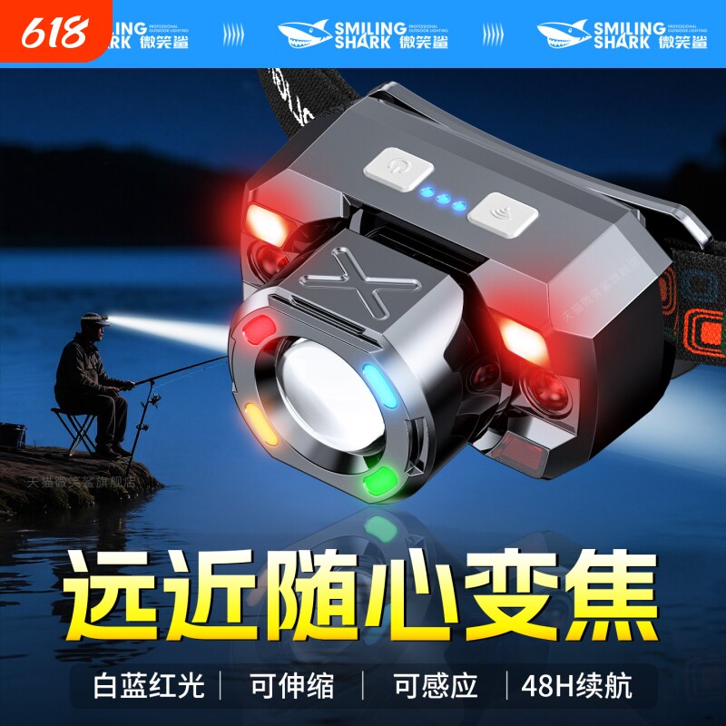 钓鱼专用头灯感应2025新款强光超亮变焦头戴式户外红光蓝光夜钓灯