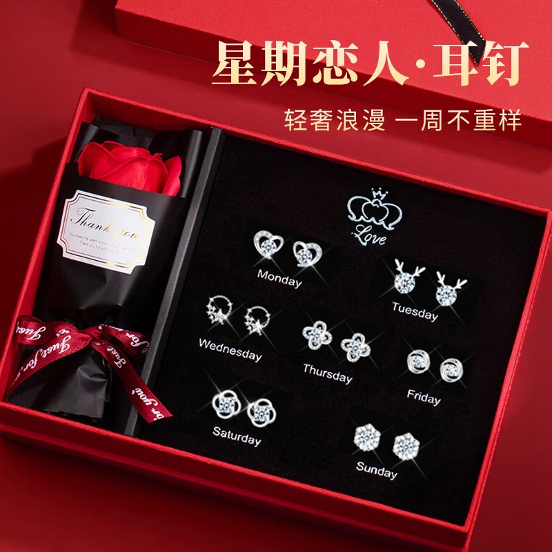 生日礼物925纯银针一周耳钉女耳环2024新款爆款耳饰礼盒套装轻奢