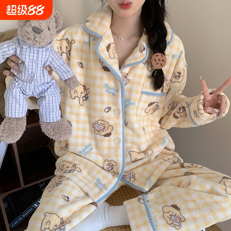 网红风睡衣女秋冬珊瑚绒加绒加厚