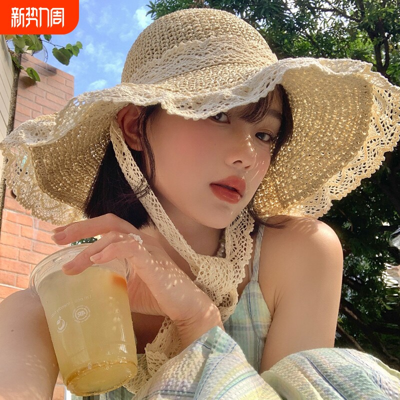 法式草帽女2026夏季新款透气蕾丝花边镂空防晒帽海边帽子遮阳帽