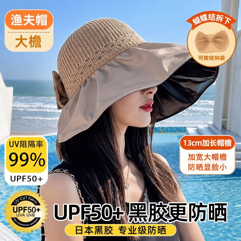 防晒帽太阳帽女防紫外线可折叠黑胶渔夫帽遮脸海边大帽檐遮阳帽子图片
