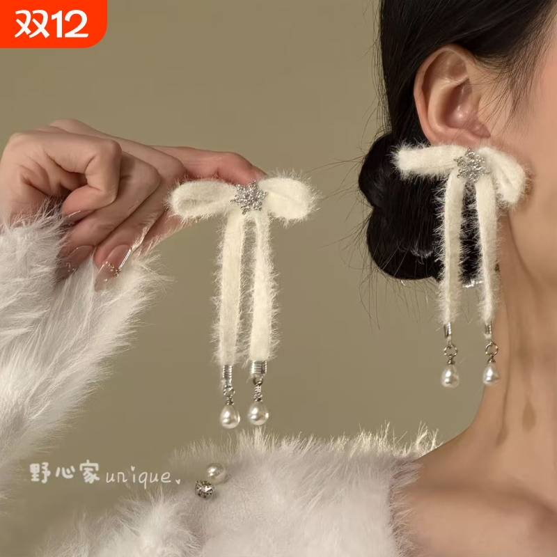 【白雾缪斯】冬日圣诞雪花蝴蝶结耳钉温柔气质耳环秋冬氛围感耳饰