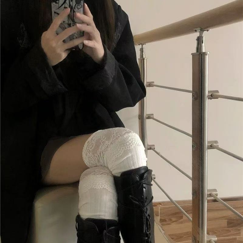 袜子女小腿袜纯棉蕾丝花边长靴袜jk长筒秋冬季过膝袜白色中筒袜