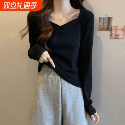 大码黑色V领正肩长袖t恤女春秋2025年新款胖mm打底衫上衣
