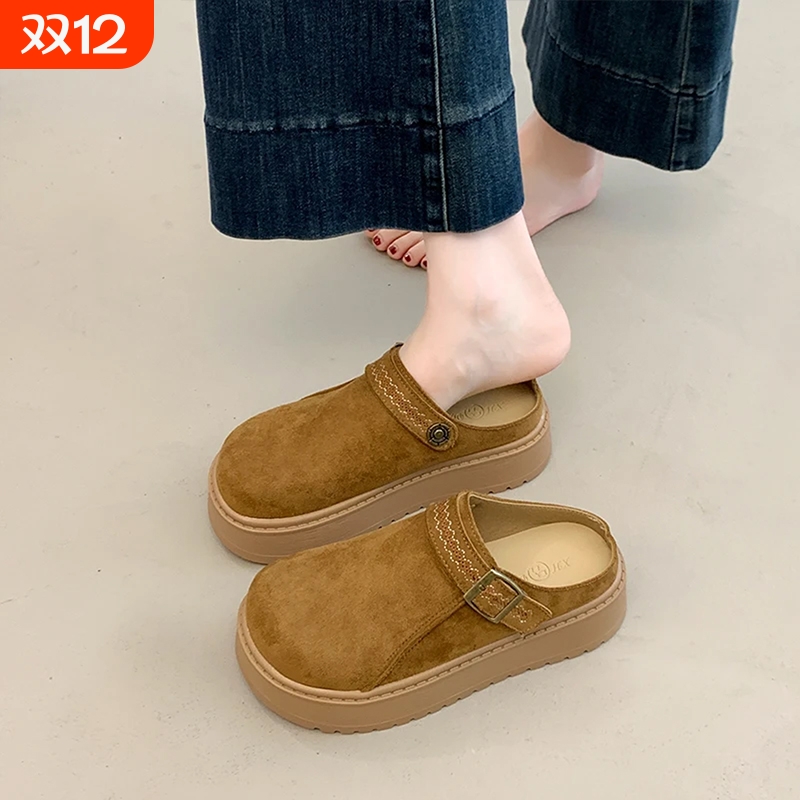 女士软底厚底半拖鞋勃肯鞋增高包头外穿2025新款博肯单鞋棕色百搭