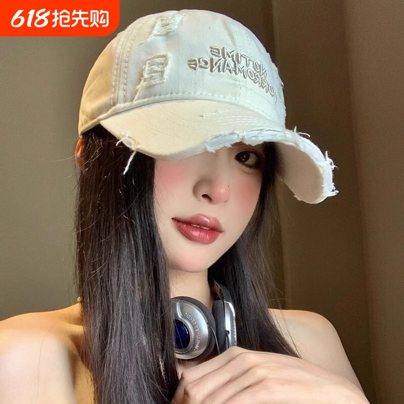 字母刺绣破洞棒球帽女韩版百搭大头围鸭舌帽宽帽檐大脸显脸小帽子