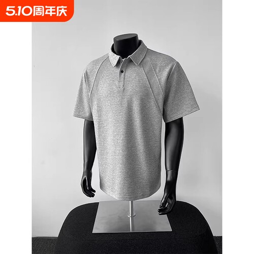 品牌折扣美式正肩polo衫短袖t恤男夏季翻领衬衫重磅boxy黑色灰色