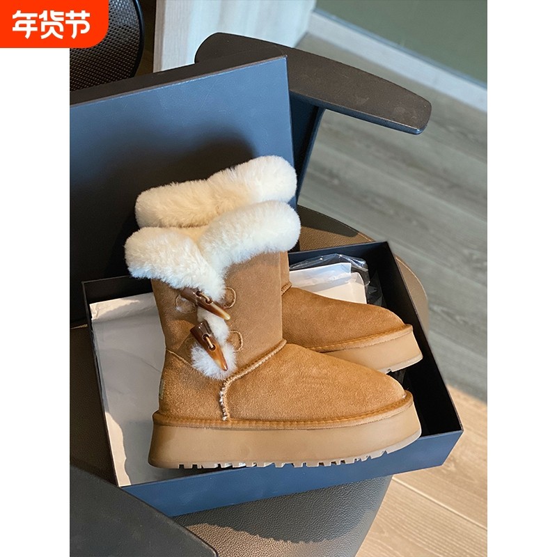 真皮厚底雪地靴女款2025冬季网红加绒加厚增高轻便牛角扣东北棉靴,女鞋,时尚雪地靴,淘宝优惠券,粉丝福利购,淘宝优惠卷