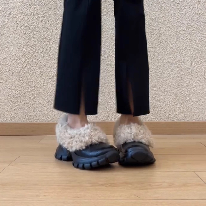 羊皮版~小个子时尚通勤厚底毛毛鞋女一脚蹬真皮休闲真皮棉鞋单鞋