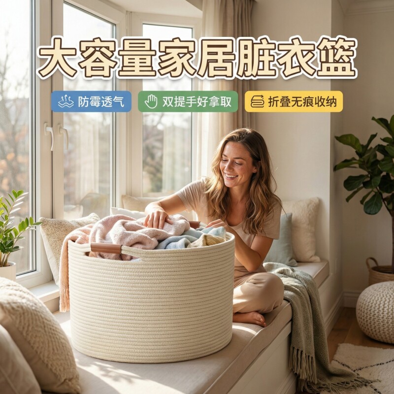 脏衣篓手工编织棉线家用大容量脏衣服收纳筐布艺洗衣篮卧室脏衣篮