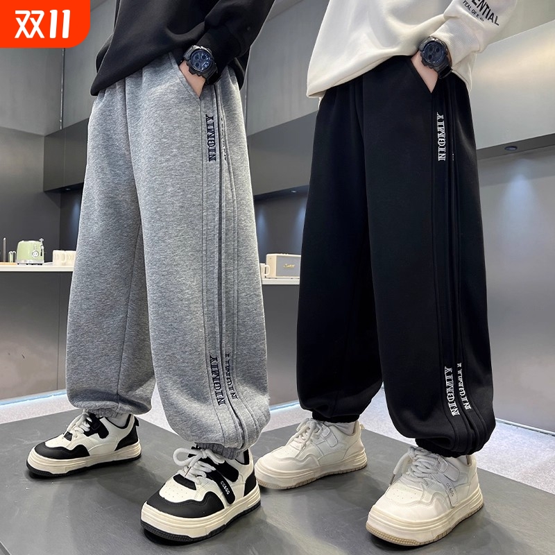 男童加绒裤子秋冬款2025儿童冬季一体绒运动裤中大童加厚卫裤黑色