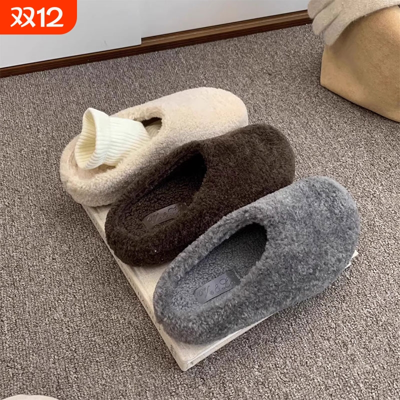 灰色毛毛鞋女外穿内增高厚底勃肯拖鞋冬季新款一脚蹬加绒保暖棉鞋