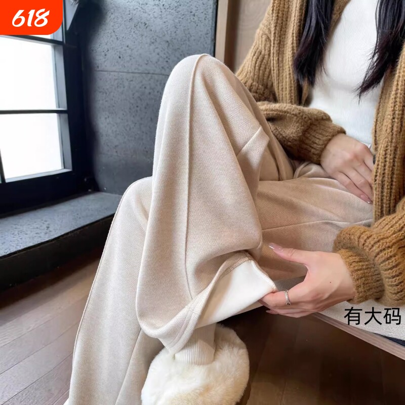 毛呢阔腿裤女2025新款秋冬季加绒休闲小个子窄版直筒裤大码灰色